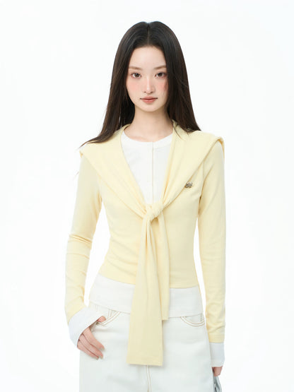 iiiamX Early Autumn Yellow Shawl Faux Two-Piece Long-Sleeved Top Women's Autumn 2025 New Slim Fit Design T-Shirt