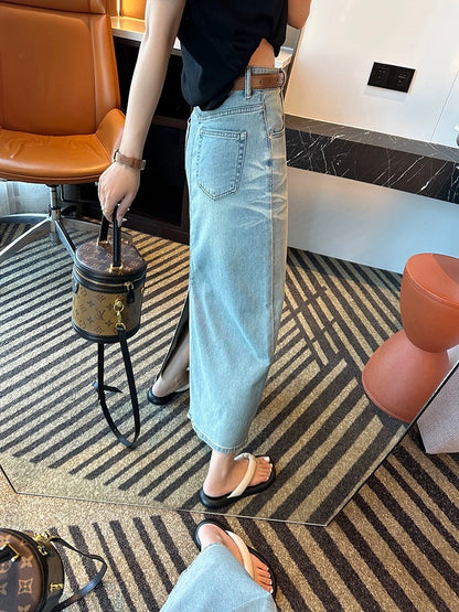 Crush and spray the cat’s whiskers~! Design sense~High waist skirt for women 2024 new slimming back slit A-line denim skirt for women