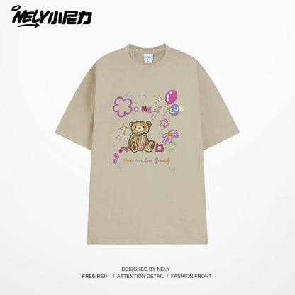 NELY cute cartoon bear print niche short-sleeved T-shirt for men and women in summer loose lazy style tópỷ