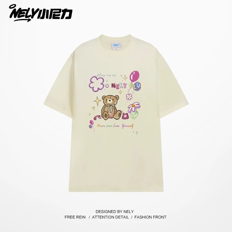 NELY cute cartoon bear print niche short-sleeved T-shirt for men and women in summer loose lazy style tópỷ
