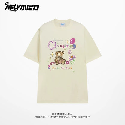 NELY cute cartoon bear print niche short-sleeved T-shirt for men and women in summer loose lazy style tópỷ