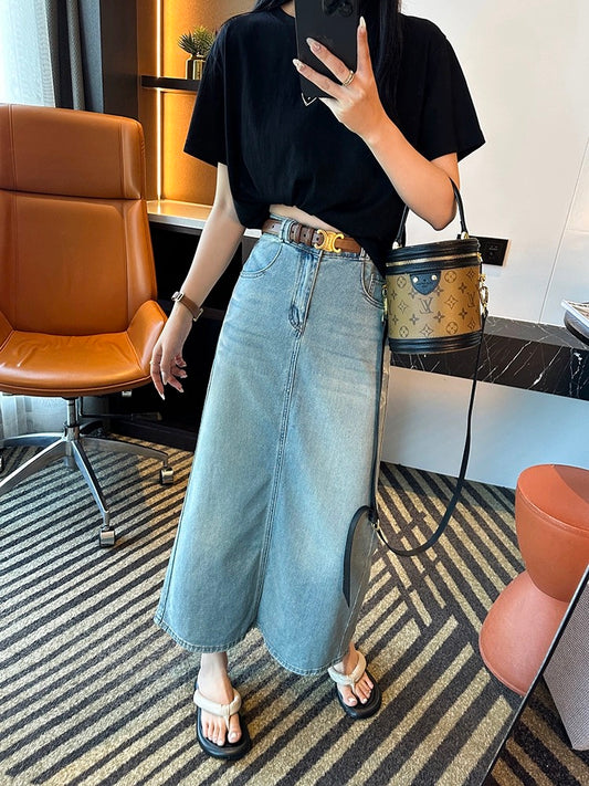 Crush and spray the cat’s whiskers~! Design sense~High waist skirt for women 2024 new slimming back slit A-line denim skirt for women