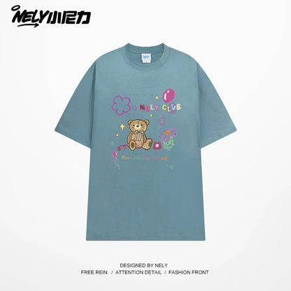 NELY cute cartoon bear print niche short-sleeved T-shirt for men and women in summer loose lazy style tópỷ