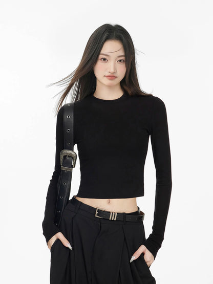 iiiamX Black Round Neck Short Base Layer T-Shirt Women's Long Sleeve Inner Layer T-Shirt New Style Shoulder Slim Fit Top 2024 Winter
