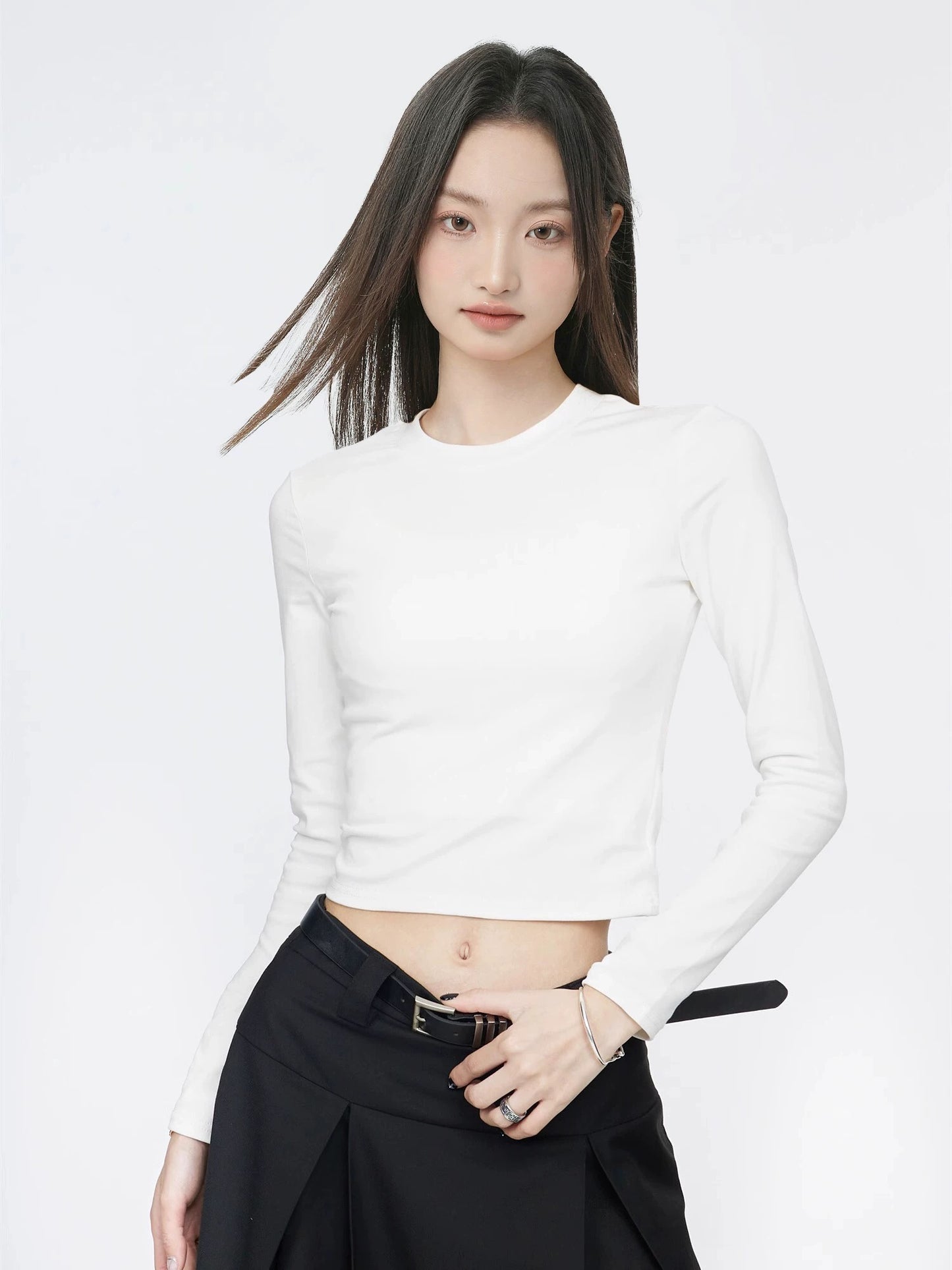 iiiamX Black Round Neck Short Base Layer T-Shirt Women's Long Sleeve Inner Layer T-Shirt New Style Shoulder Slim Fit Top 2024 Winter