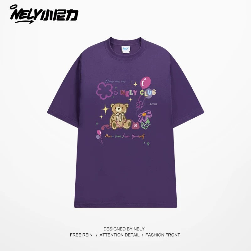 NELY cute cartoon bear print niche short-sleeved T-shirt for men and women in summer loose lazy style tópỷ