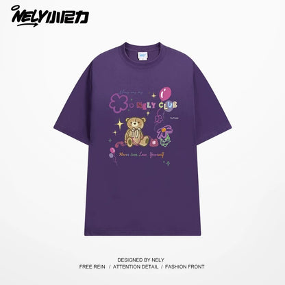 NELY cute cartoon bear print niche short-sleeved T-shirt for men and women in summer loose lazy style tópỷ