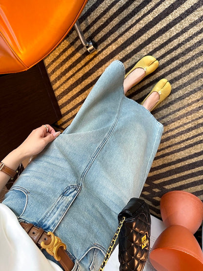 Crush and spray the cat’s whiskers~! Design sense~High waist skirt for women 2024 new slimming back slit A-line denim skirt for women