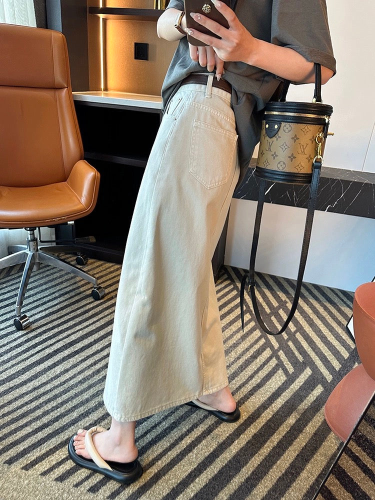 A timeless classic~! High-waisted slimming half-length a-line denim skirt versatile women's front slit mid-length skirt summer