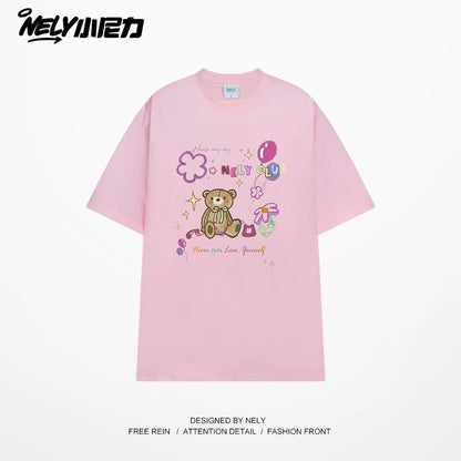 NELY cute cartoon bear print niche short-sleeved T-shirt for men and women in summer loose lazy style tópỷ