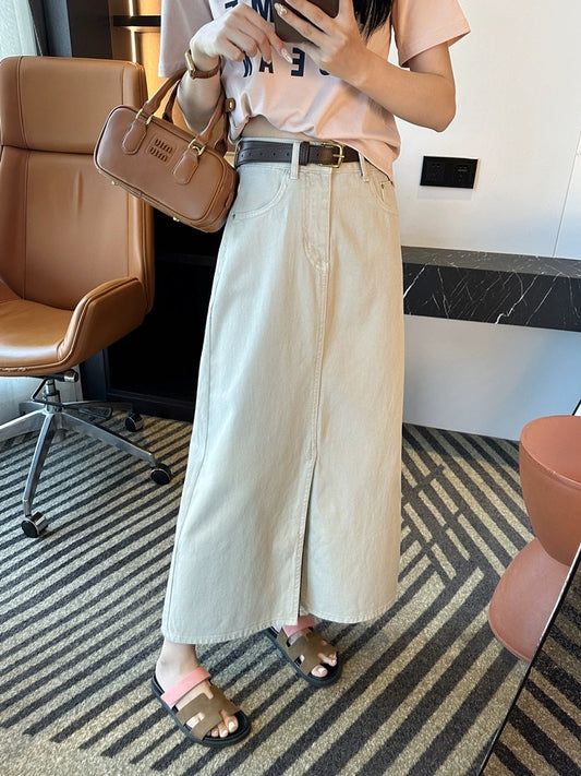 A timeless classic~! High-waisted slimming half-length a-line denim skirt versatile women's front slit mid-length skirt summer