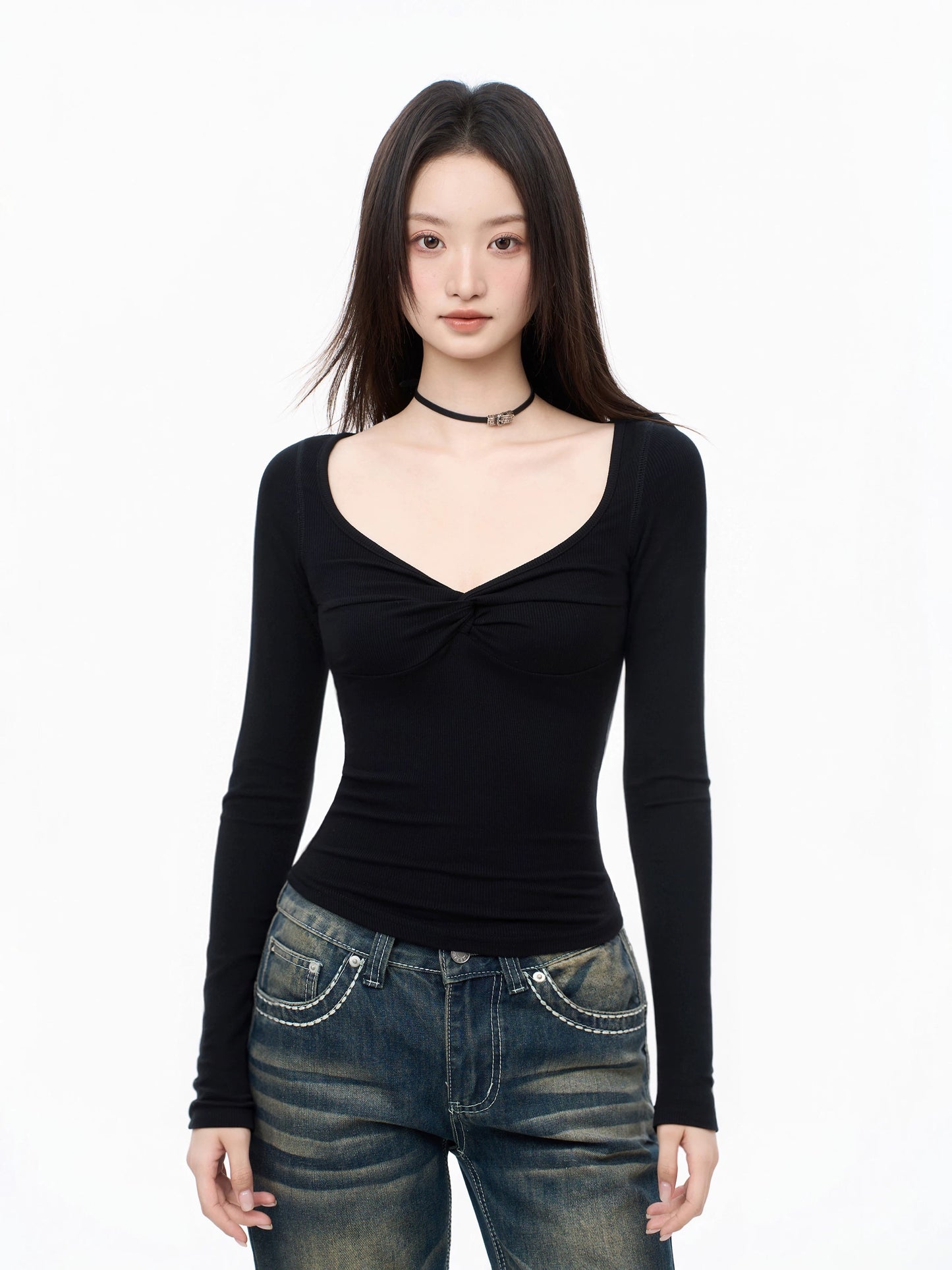 iiiamX Black Wide Neckline Long Sleeve T-Shirt Women's Autumn Hot Girl Inner Wear Slim Fit Base Layer Top New Style