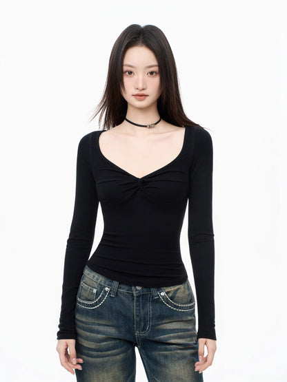 iiiamX Black Wide Neckline Long Sleeve T-Shirt Women's Autumn Hot Girl Inner Wear Slim Fit Base Layer Top New Style