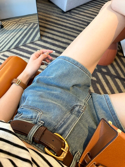 A feast for long legs! ~Four-way stretch high-waisted denim shorts for women 2024 new summer slimming a-line wide-leg versatile hot pants