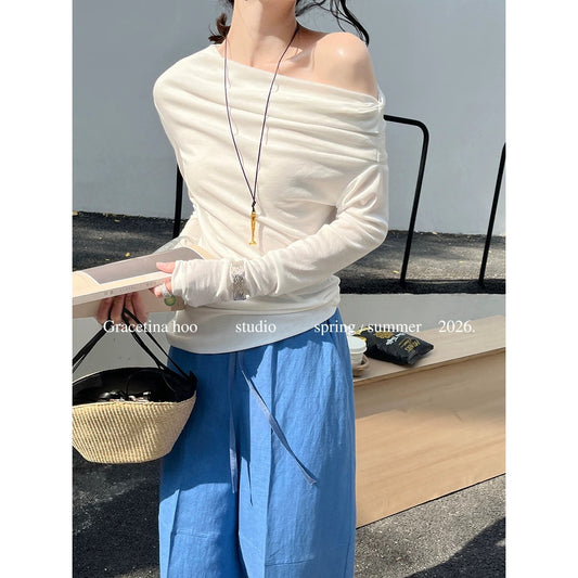 GRACETINA HOO - Off-shoulder pleated simple and stylish versatile long-sleeved T-shirt for commuting and a relaxed fit TB993