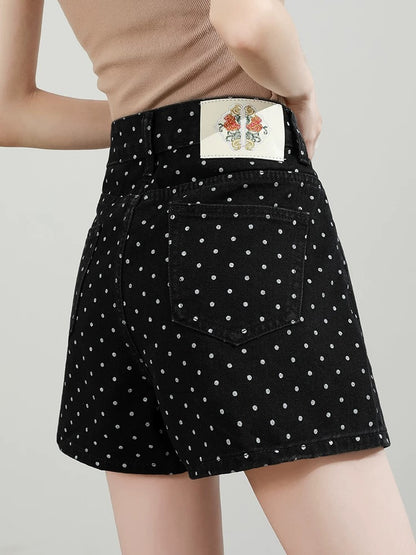 Polka dot denim shorts women summer 2025 new high waist loose wide leg slim blue a hot girl hot pants thin