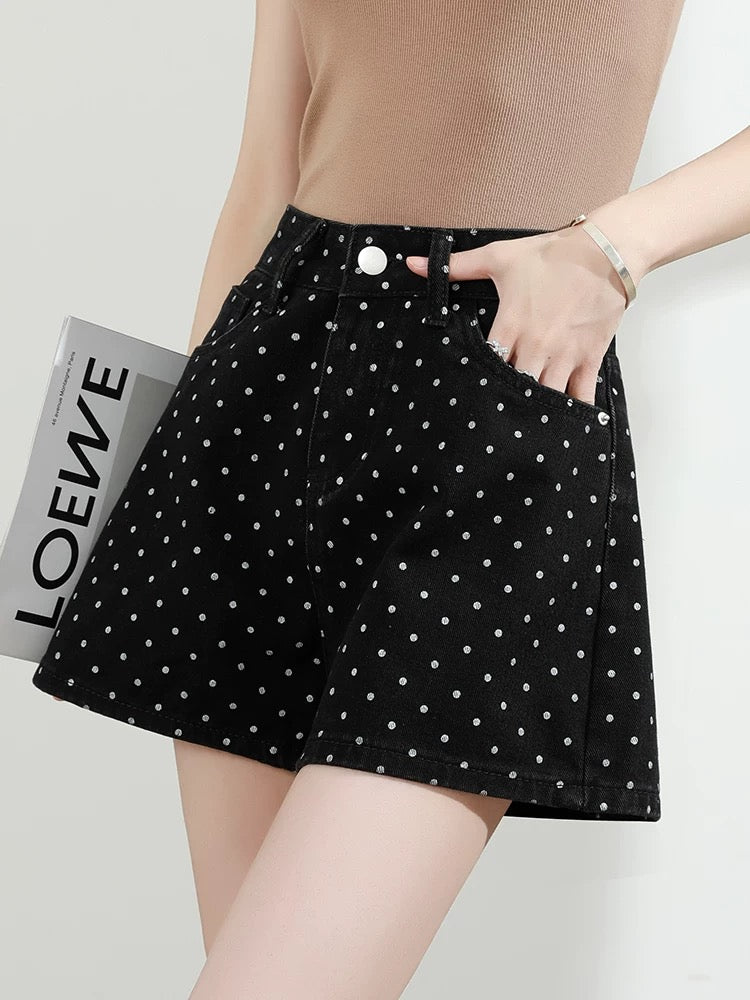 Polka dot denim shorts women summer 2025 new high waist loose wide leg slim blue a hot girl hot pants thin
