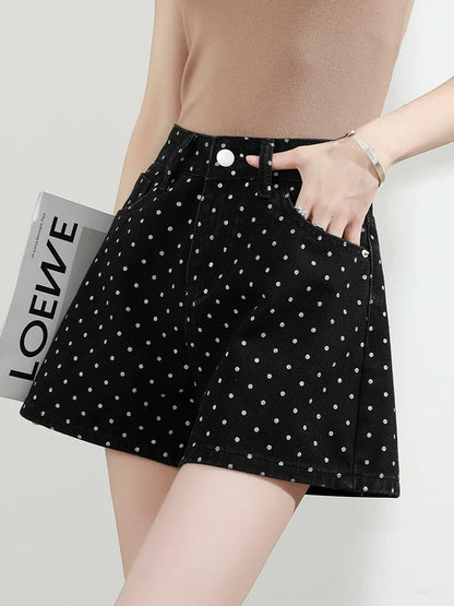 Polka dot denim shorts women summer 2025 new high waist loose wide leg slim blue a hot girl hot pants thin