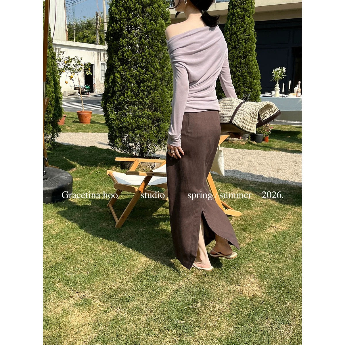 GRACETINA HOO - Off-shoulder pleated simple and stylish versatile long-sleeved T-shirt for commuting and a relaxed fit TB993