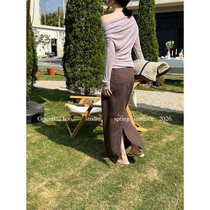 GRACETINA HOO - Off-shoulder pleated simple and stylish versatile long-sleeved T-shirt for commuting and a relaxed fit TB993