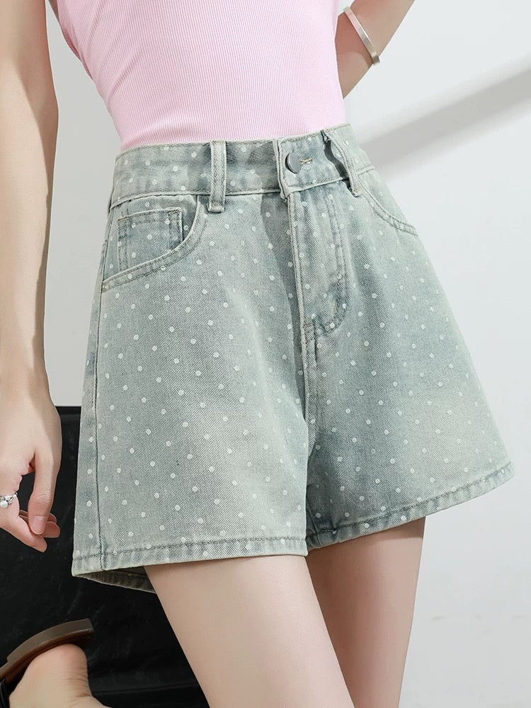 Polka dot denim shorts women summer 2025 new high waist loose wide leg slim blue a hot girl hot pants thin