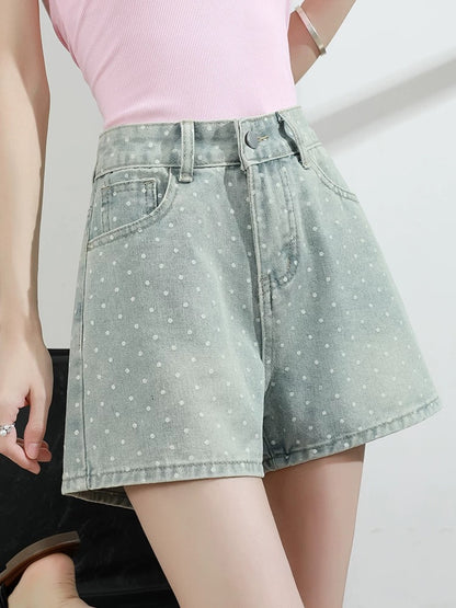 Polka dot denim shorts women summer 2025 new high waist loose wide leg slim blue a hot girl hot pants thin