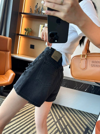 King's amazing pants! ! High-waisted distressed denim shorts for women 2024 new summer versatile slimming wide-leg hot pants
