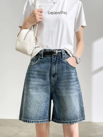 Retro blue five-point denim shorts women's summer thin high waist pear-shaped body loose slim wide-leg five-point pants