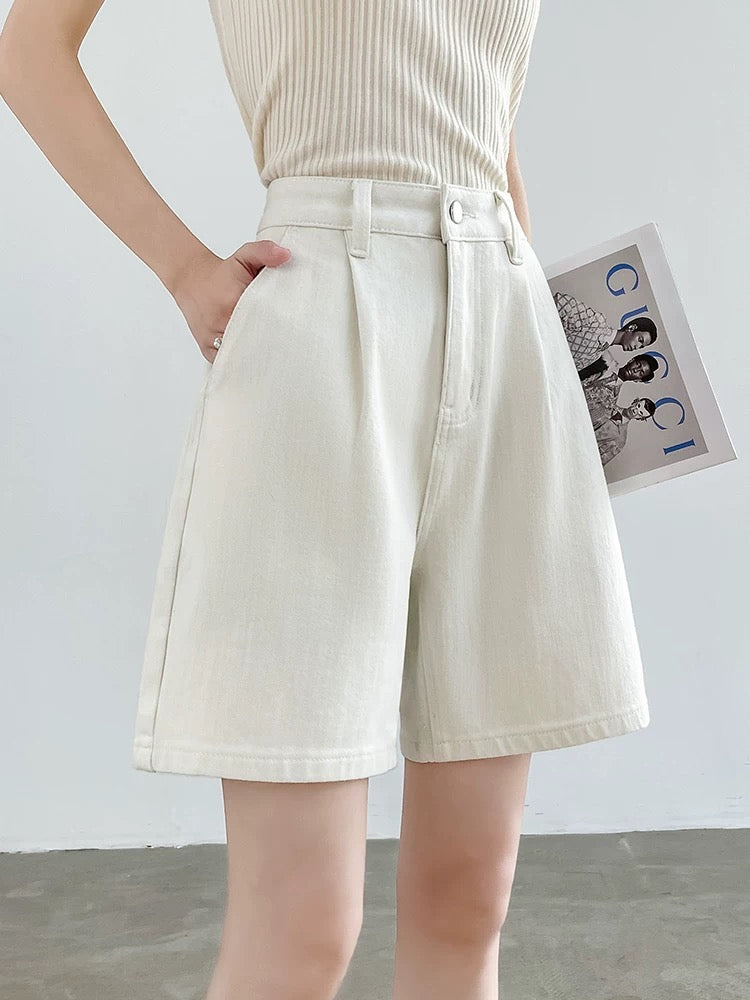 White four-way stretch denim shorts women's summer thin high waist A-line loose slim wide leg loose five-point pants