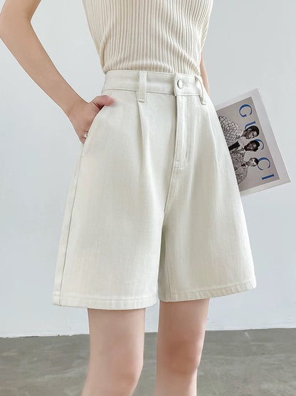 White four-way stretch denim shorts women's summer thin high waist A-line loose slim wide leg loose five-point pants