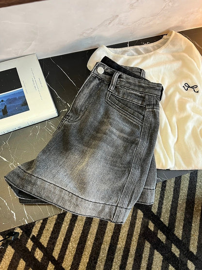 Ace pants! Retro distressed wide-leg denim shorts for women 2024 new summer high-waist slimming a-line hot pants