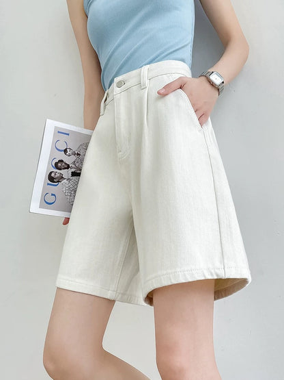 White four-way stretch denim shorts women's summer thin high waist A-line loose slim wide leg loose five-point pants