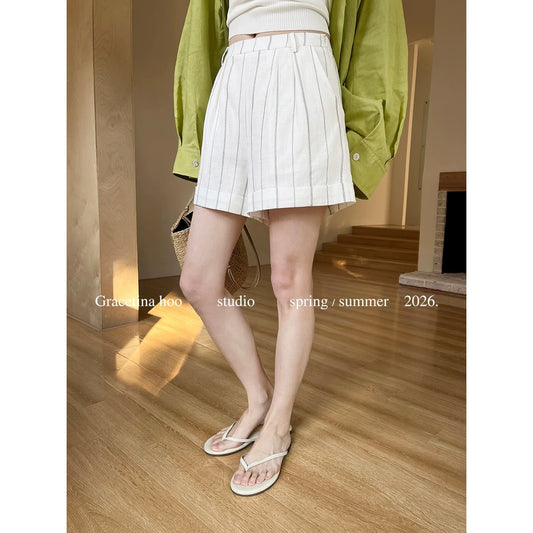 GRACETINA HOO - Tencel French Custom Yarn-Dyed Retro Striped Simple Rolled-Up Casual Shorts KA267