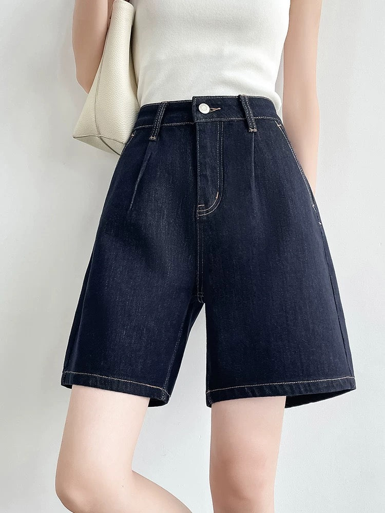 White four-way stretch denim shorts women's summer thin high waist A-line loose slim wide leg loose five-point pants