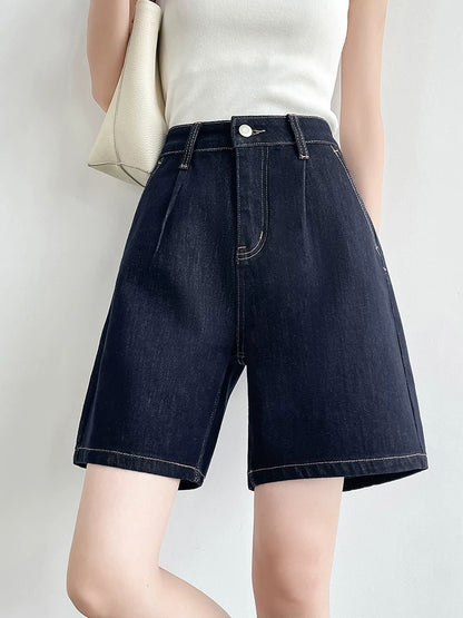 White four-way stretch denim shorts women's summer thin high waist A-line loose slim wide leg loose five-point pants