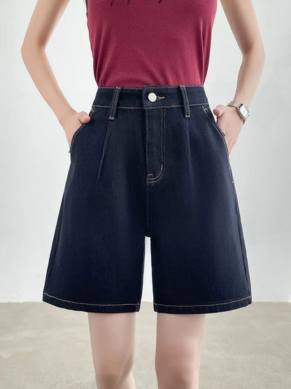 White four-way stretch denim shorts women's summer thin high waist A-line loose slim wide leg loose five-point pants