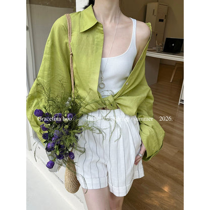 GRACETINA HOO - Tencel French Custom Yarn-Dyed Retro Striped Simple Rolled-Up Casual Shorts KA267