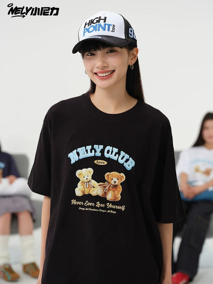 NELY American retro bear print cotton short-sleeved T-shirt for men and women summer 2025 new round neck T-shirt