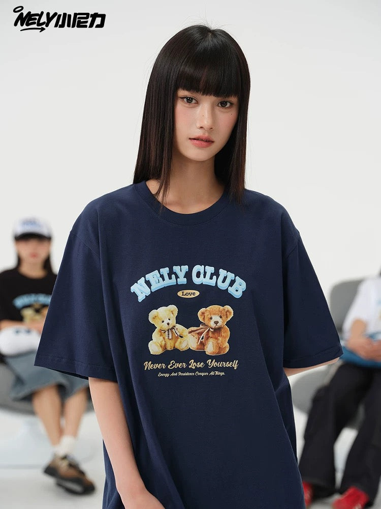 NELY American retro bear print cotton short-sleeved T-shirt for men and women summer 2025 new round neck T-shirt