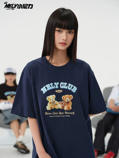 NELY American retro bear print cotton short-sleeved T-shirt for men and women summer 2025 new round neck T-shirt