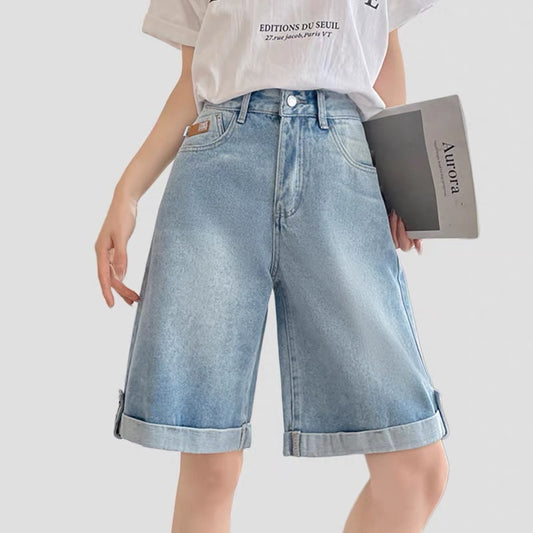 White rolled-edge denim shorts women's summer new high waist slim a-line shorts loose straight wide-leg pants