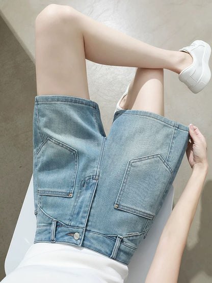 Light blue high waist denim shorts women's summer 2025 new style slim loose versatile straight wide leg hot pants thin