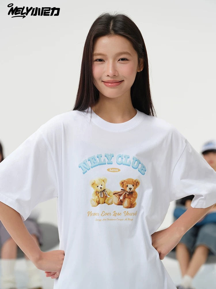 NELY American retro bear print cotton short-sleeved T-shirt for men and women summer 2025 new round neck T-shirt