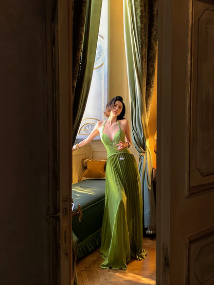 Island Shop [September Super 88: 12% Off – Sept 6, 20:00] Green V-Neck Halter-Neck Pleated Dress