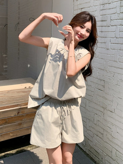 Gray fashionable age-reducing sleeveless top shorts suit for women summer 2024 new small casual style two-piece set