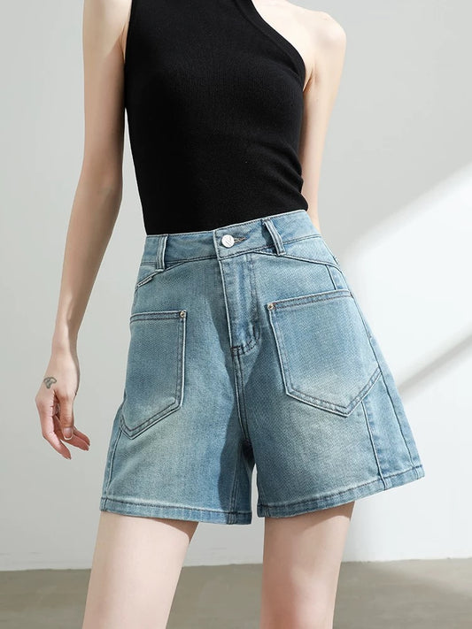 Light blue high waist denim shorts women's summer 2025 new style slim loose versatile straight wide leg hot pants thin