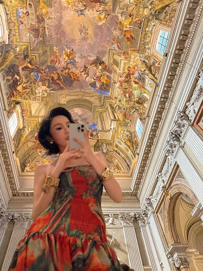 Island-style shop: Retro-print, strapless, boned, fitted-waist, voluminous skirt—a slimming, elegant, and ethereal long dress for women (summer).