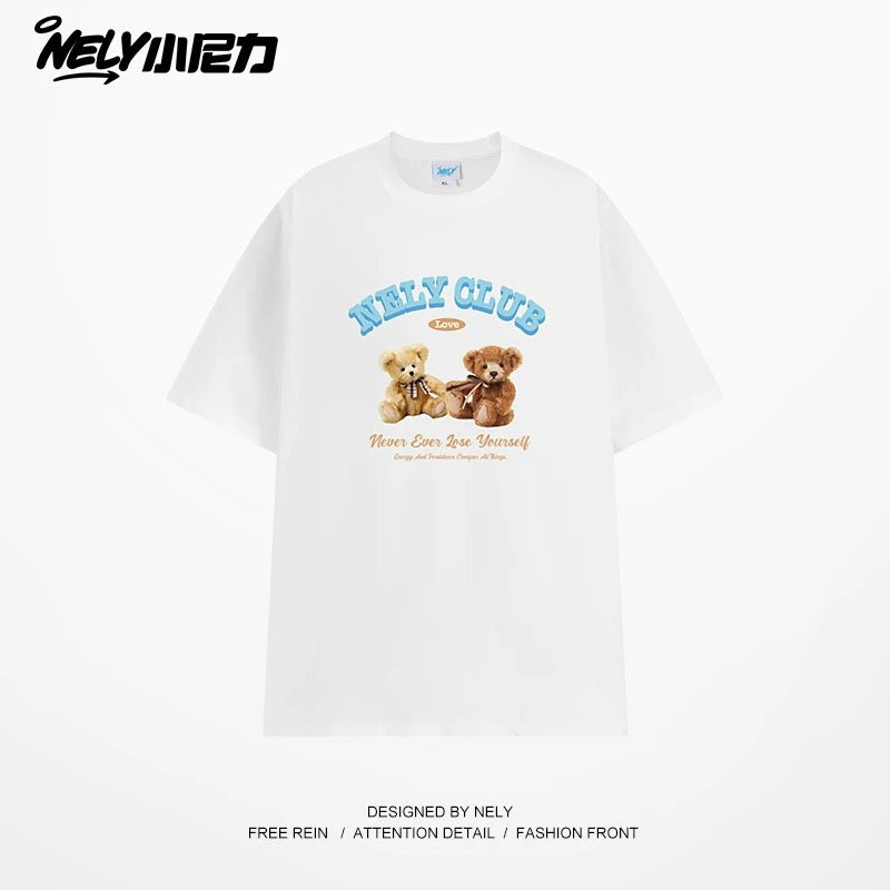 NELY American retro bear print cotton short-sleeved T-shirt for men and women summer 2025 new round neck T-shirt