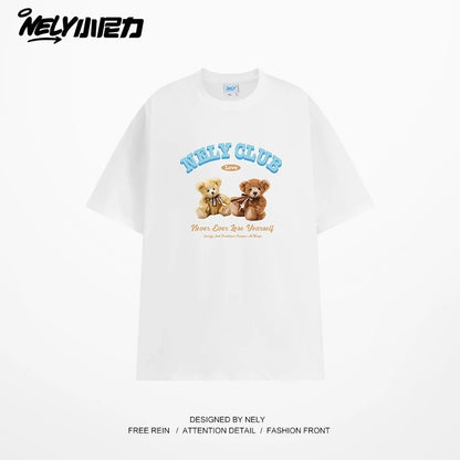 NELY American retro bear print cotton short-sleeved T-shirt for men and women summer 2025 new round neck T-shirt