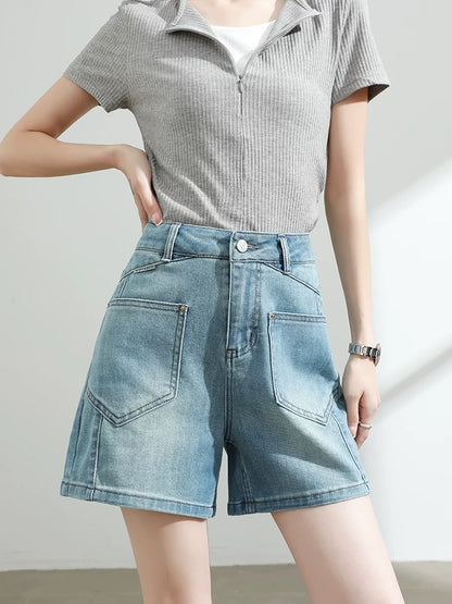 Blue denim shorts women's 2025 summer thin slim loose versatile a-line high waist retro wide leg hot pants